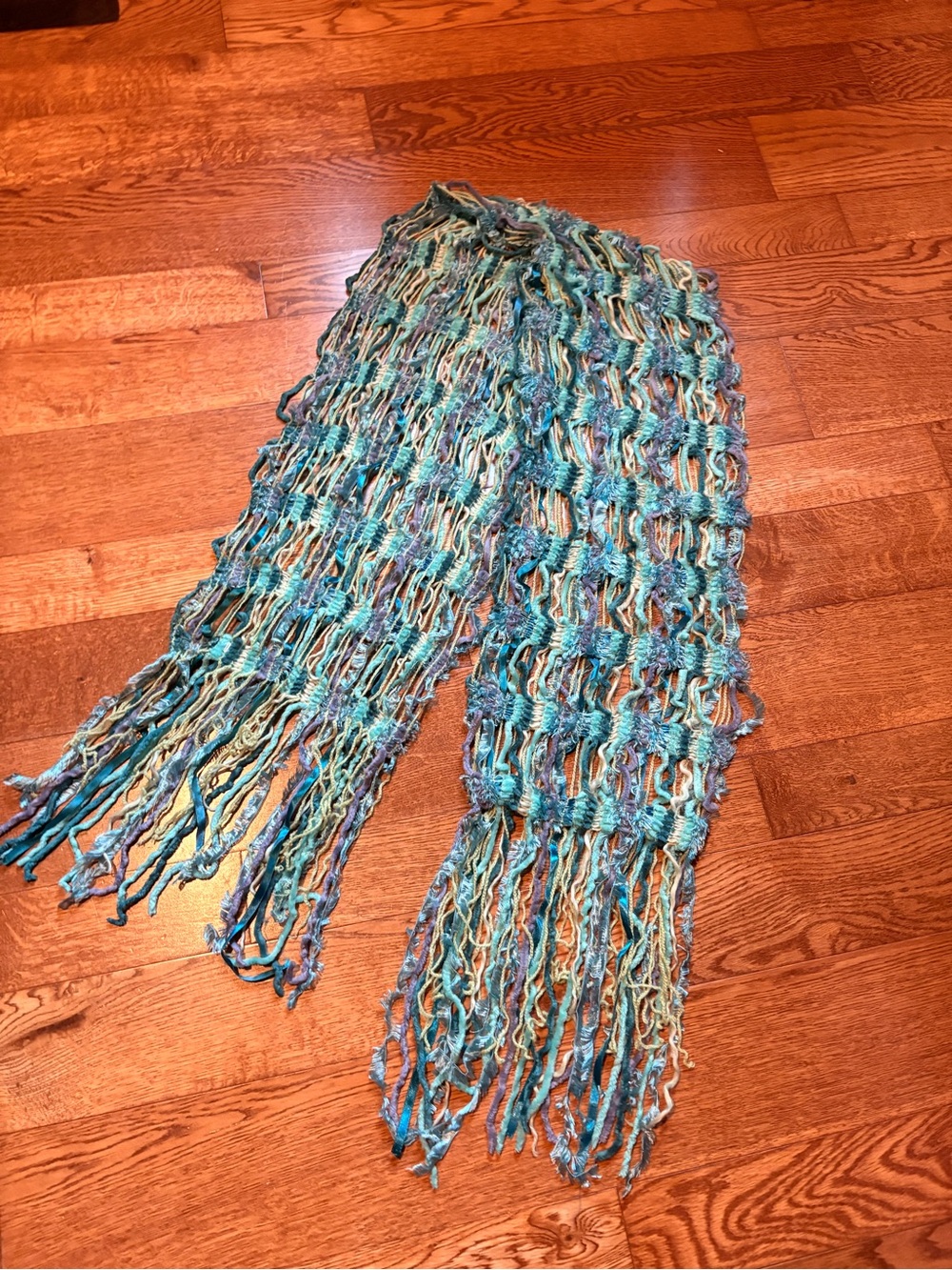 Teal and Aqua Open-Weave Fringe Scarf